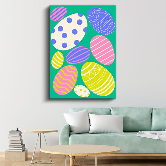 Paskalya Yumurtaları - Yeşil Zeminde Renkli Desen Kanvas Tablo