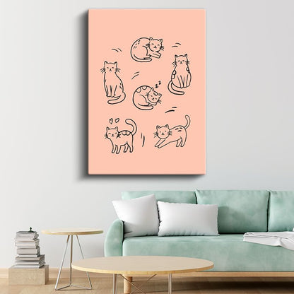 Kedi Figürleri - Somon Zeminde Sevimli Dostlar Kanvas Tablo
