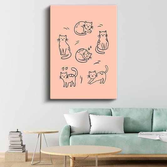 Kedi Figürleri - Somon Zeminde Sevimli Dostlar Kanvas Tablo