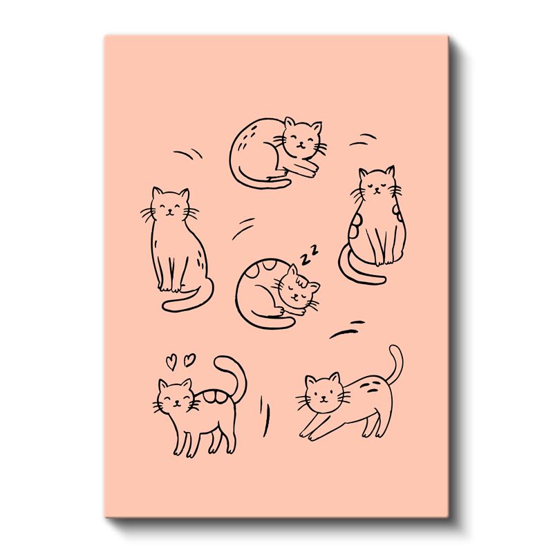 Kedi Figürleri - Somon Zeminde Sevimli Dostlar Kanvas Tablo