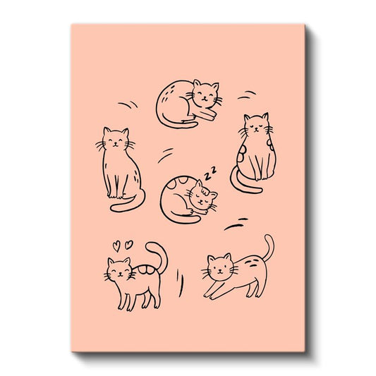 Kedi Figürleri - Somon Zeminde Sevimli Dostlar Kanvas Tablo