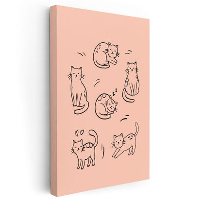 Kedi Figürleri - Somon Zeminde Sevimli Dostlar Kanvas Tablo