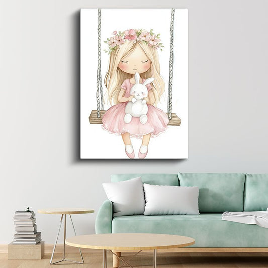 Salıncak Keyfi - Tavşanlı Kız ve Çiçek Tacı Kanvas Tablo