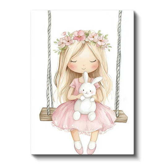 Salıncak Keyfi - Tavşanlı Kız ve Çiçek Tacı Kanvas Tablo