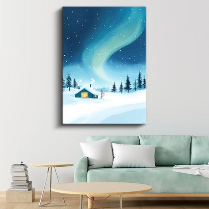 Kış Kulübesi - Kuzey Işıkları ve Karlı Orman Kanvas Tablo