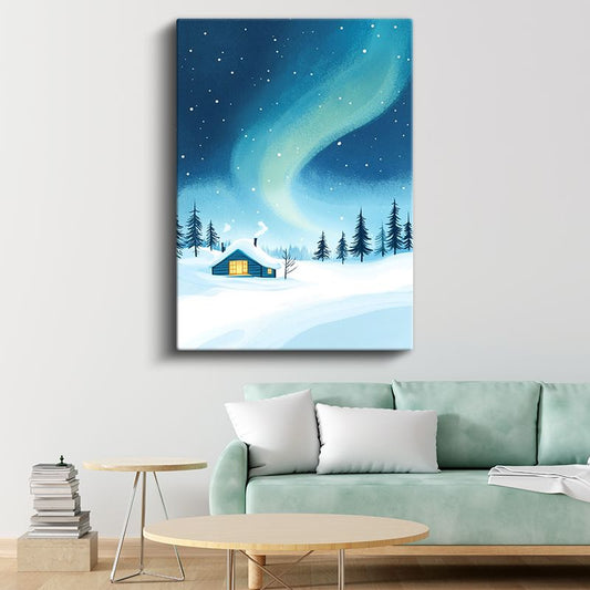 Kış Kulübesi - Kuzey Işıkları ve Karlı Orman Kanvas Tablo