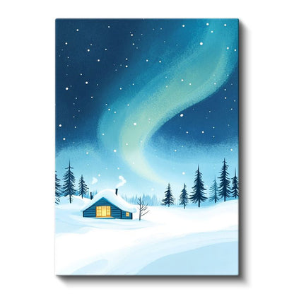 Kış Kulübesi - Kuzey Işıkları ve Karlı Orman Kanvas Tablo