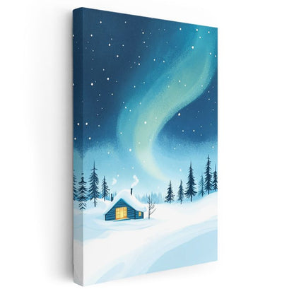 Kış Kulübesi - Kuzey Işıkları ve Karlı Orman Kanvas Tablo