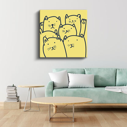 Kedi Dostlar - Sarı Zeminde Sevimli Figürler Kanvas Tablo