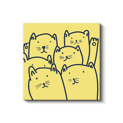 Kedi Dostlar - Sarı Zeminde Sevimli Figürler Kanvas Tablo