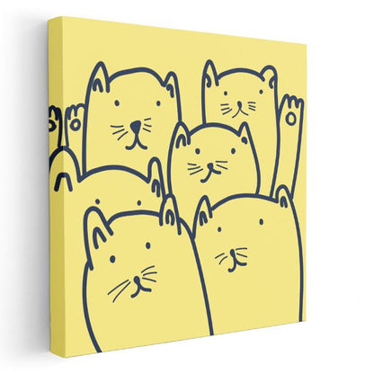 Kedi Dostlar - Sarı Zeminde Sevimli Figürler Kanvas Tablo