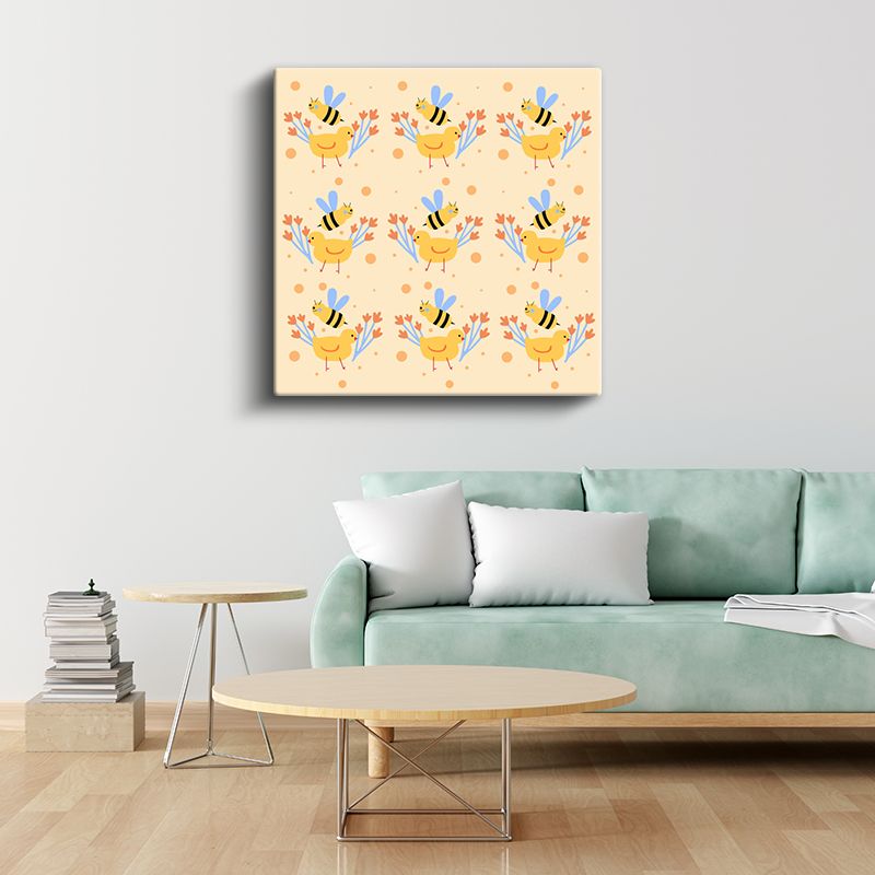 Arı ve Civciv - Bahar Dostları Deseni Kanvas Tablo