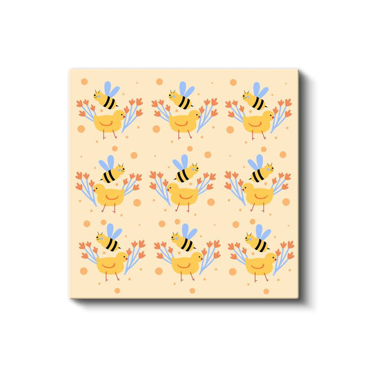 Arı ve Civciv - Bahar Dostları Deseni Kanvas Tablo