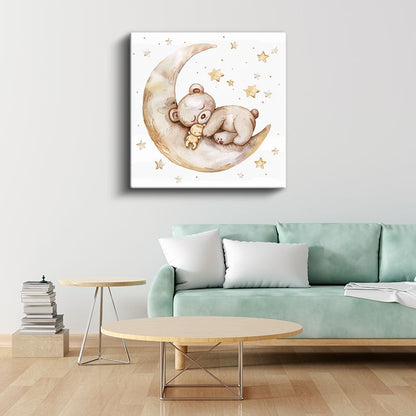 Ay Üzerinde Ayıcık - Yıldızlı Gökyüzünde Tatlı Rüyalar Kanvas Tablo