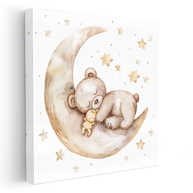 Ay Üzerinde Ayıcık - Yıldızlı Gökyüzünde Tatlı Rüyalar Kanvas Tablo