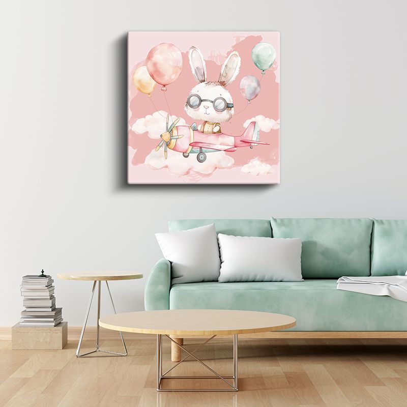 Pilot Tavşan - Pembe Gökyüzünde Uçuş Macerası Kanvas Tablo