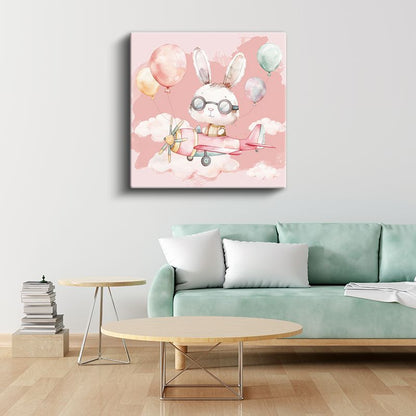 Pilot Tavşan - Pembe Gökyüzünde Uçuş Macerası Kanvas Tablo