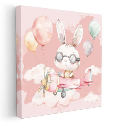 Pilot Tavşan - Pembe Gökyüzünde Uçuş Macerası Kanvas Tablo