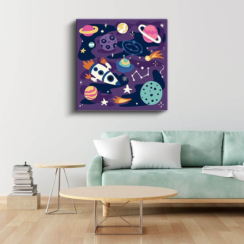 Uzay Macerası - Renkli Gezegenler ve Roket Kanvas Tablo