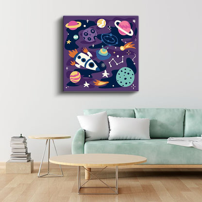 Uzay Macerası - Renkli Gezegenler ve Roket Kanvas Tablo
