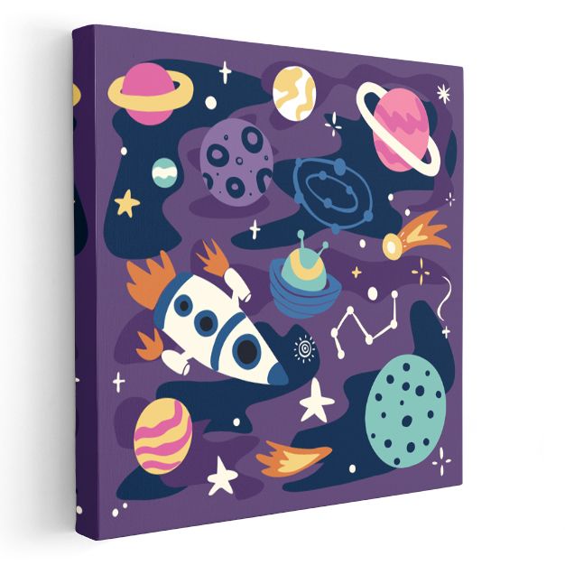 Uzay Macerası - Renkli Gezegenler ve Roket Kanvas Tablo