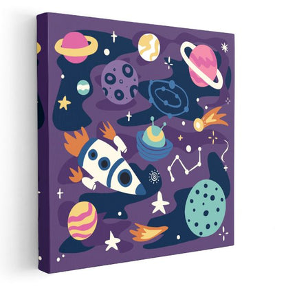 Uzay Macerası - Renkli Gezegenler ve Roket Kanvas Tablo