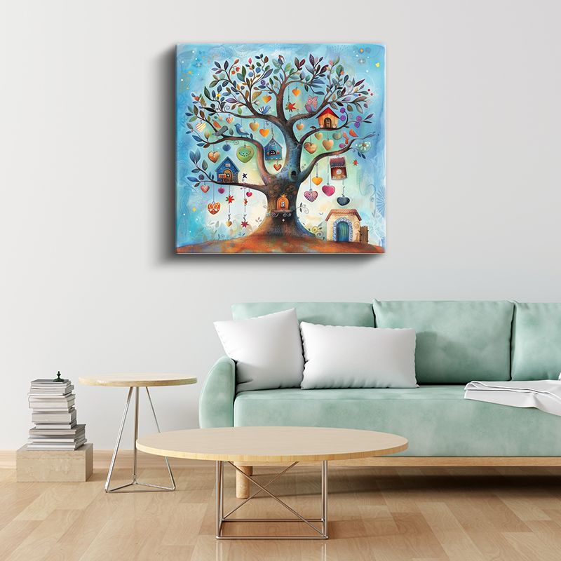 Hayal Ağacı - Renkli Kalpler ve Kuşlar Kanvas Tablo