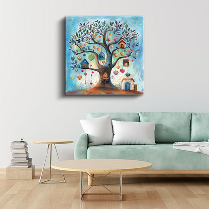Hayal Ağacı - Renkli Kalpler ve Kuşlar Kanvas Tablo