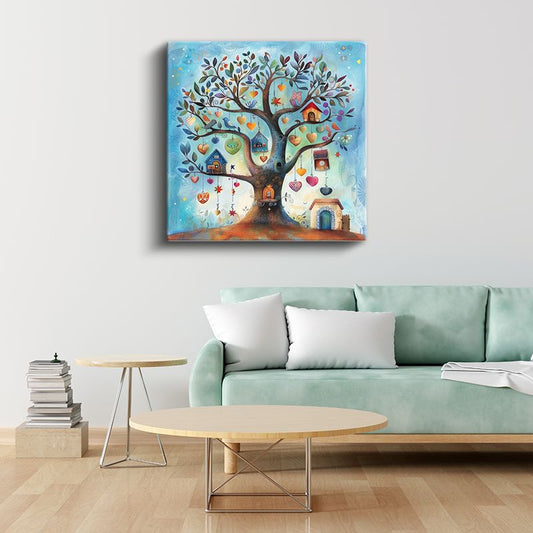 Hayal Ağacı - Renkli Kalpler ve Kuşlar Kanvas Tablo