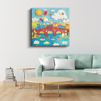 Neşeli Tren - Köprü Üzerinde Hayvan Dostlar Kanvas Tablo