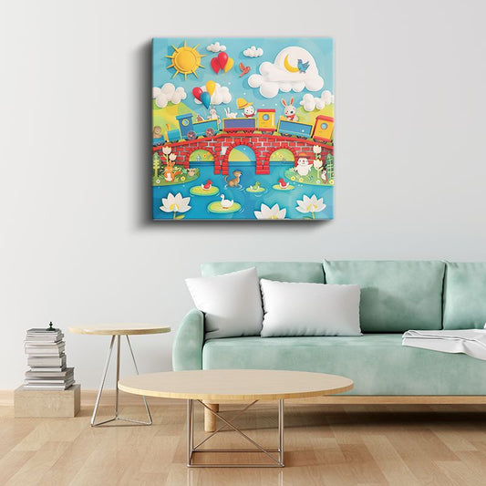 Neşeli Tren - Köprü Üzerinde Hayvan Dostlar Kanvas Tablo