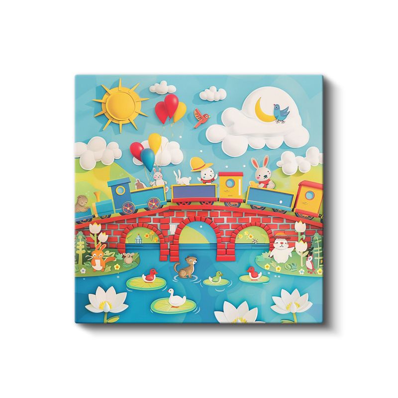 Neşeli Tren - Köprü Üzerinde Hayvan Dostlar Kanvas Tablo