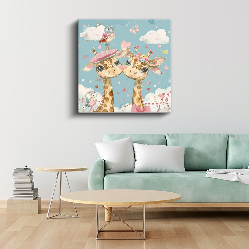 Zürafa Arkadaşlar - Şapkalı ve Çiçekli Sevimli Dostlar Kanvas Tablo