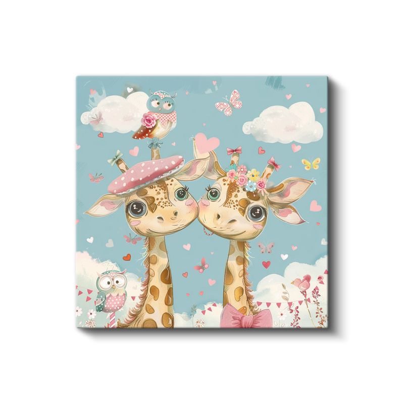 Zürafa Arkadaşlar - Şapkalı ve Çiçekli Sevimli Dostlar Kanvas Tablo