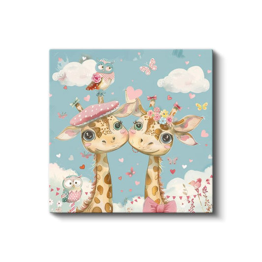 Zürafa Arkadaşlar - Şapkalı ve Çiçekli Sevimli Dostlar Kanvas Tablo