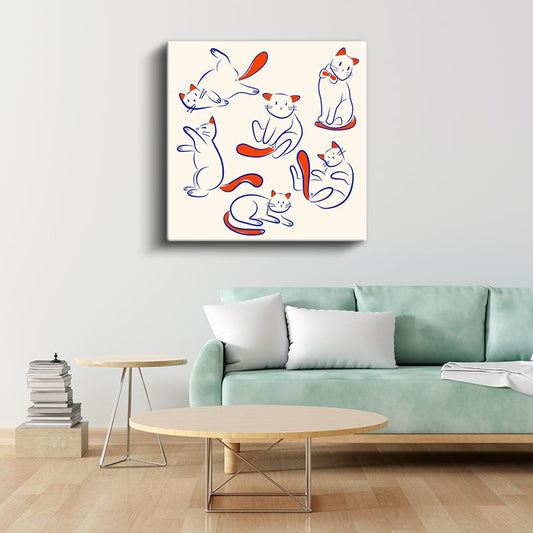 Sevimli Kediler - Mavi ve Turuncu Çizgili Dostlar Kanvas Tablo