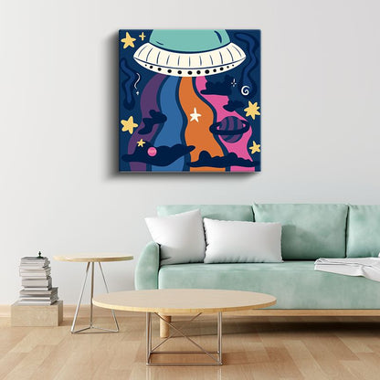Uzay Macerası - Renkli UFO ve Yıldızlar Kanvas Tablo