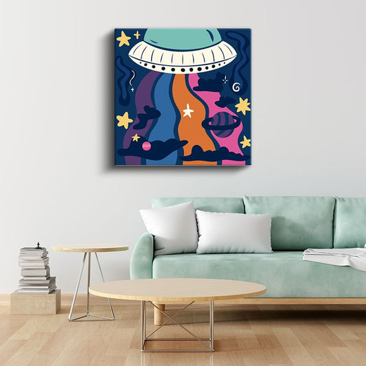 Uzay Macerası - Renkli UFO ve Yıldızlar Kanvas Tablo