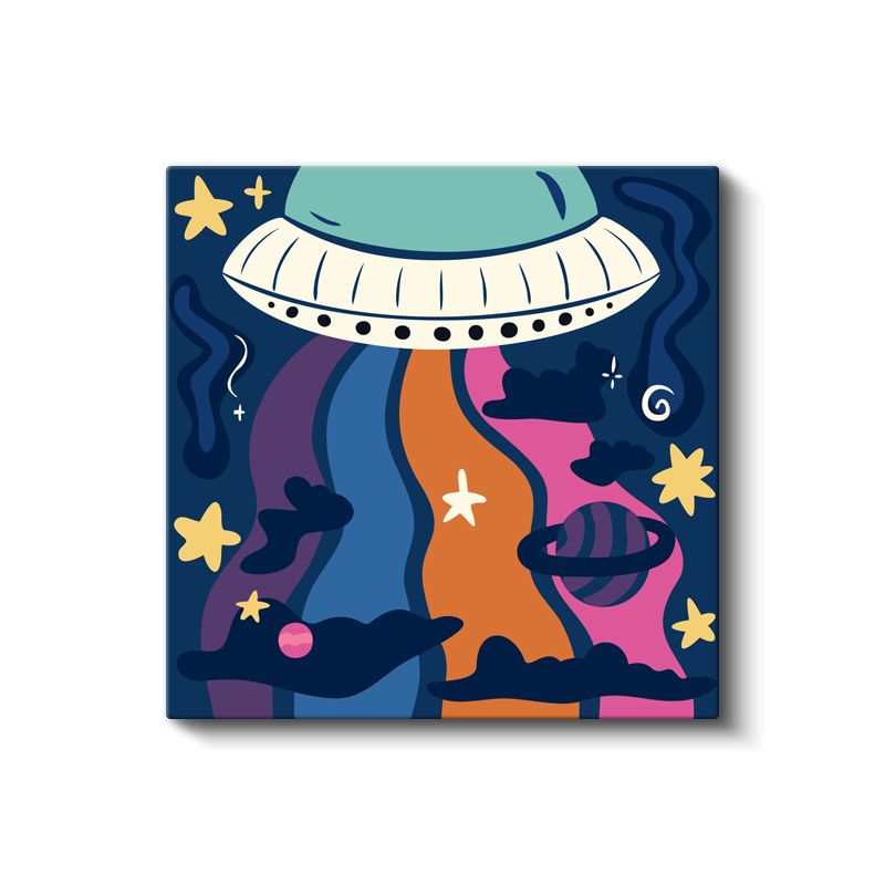 Uzay Macerası - Renkli UFO ve Yıldızlar Kanvas Tablo