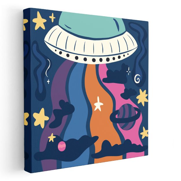 Uzay Macerası - Renkli UFO ve Yıldızlar Kanvas Tablo