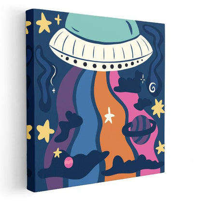 Uzay Macerası - Renkli UFO ve Yıldızlar Kanvas Tablo
