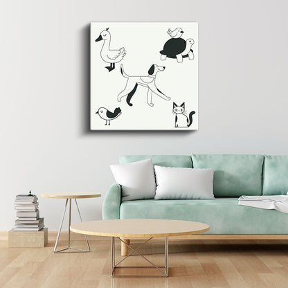Siyah Beyaz Hayvanlar - Minimalist Dostlar Kanvas Tablo