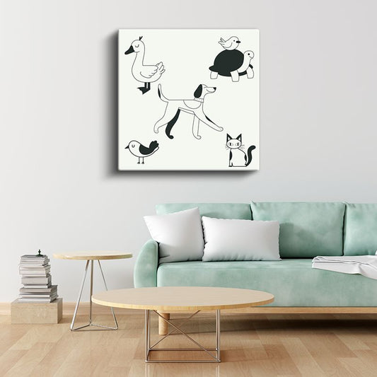 Siyah Beyaz Hayvanlar - Minimalist Dostlar Kanvas Tablo