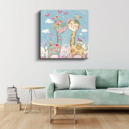 Sevimli Zürafalar - Çiçekli Dostluk Kanvas Tablo