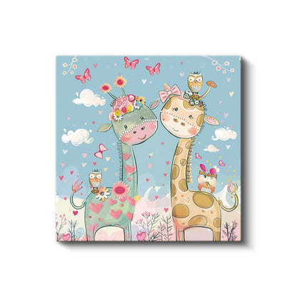 Sevimli Zürafalar - Çiçekli Dostluk Kanvas Tablo