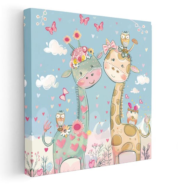 Sevimli Zürafalar - Çiçekli Dostluk Kanvas Tablo