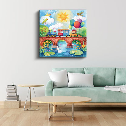 Renkli Tren Yolculuğu - Köprü Üzerinde Macera Kanvas Tablo