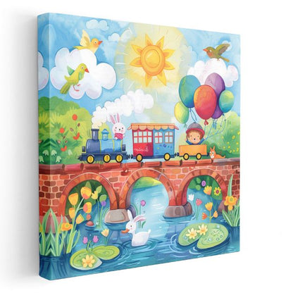 Renkli Tren Yolculuğu - Köprü Üzerinde Macera Kanvas Tablo