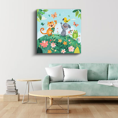 Çiçek Bahçesi - Mutlu Hayvan Dostları Kanvas Tablo