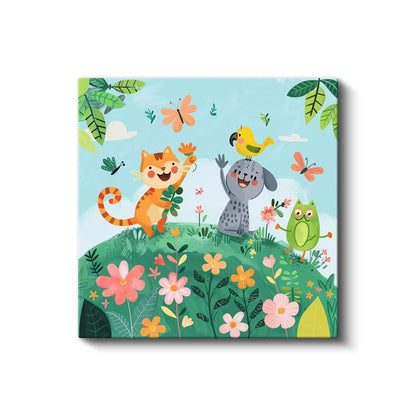 Çiçek Bahçesi - Mutlu Hayvan Dostları Kanvas Tablo